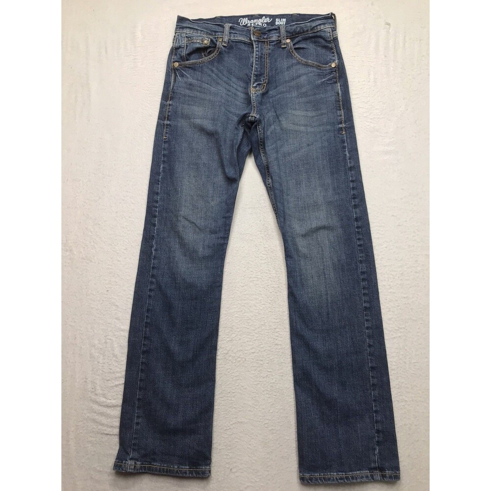 WRANGLER Retro Jean Men 30x32 Slim Straight Whisker Blue Distressed Cowboy Rodeo